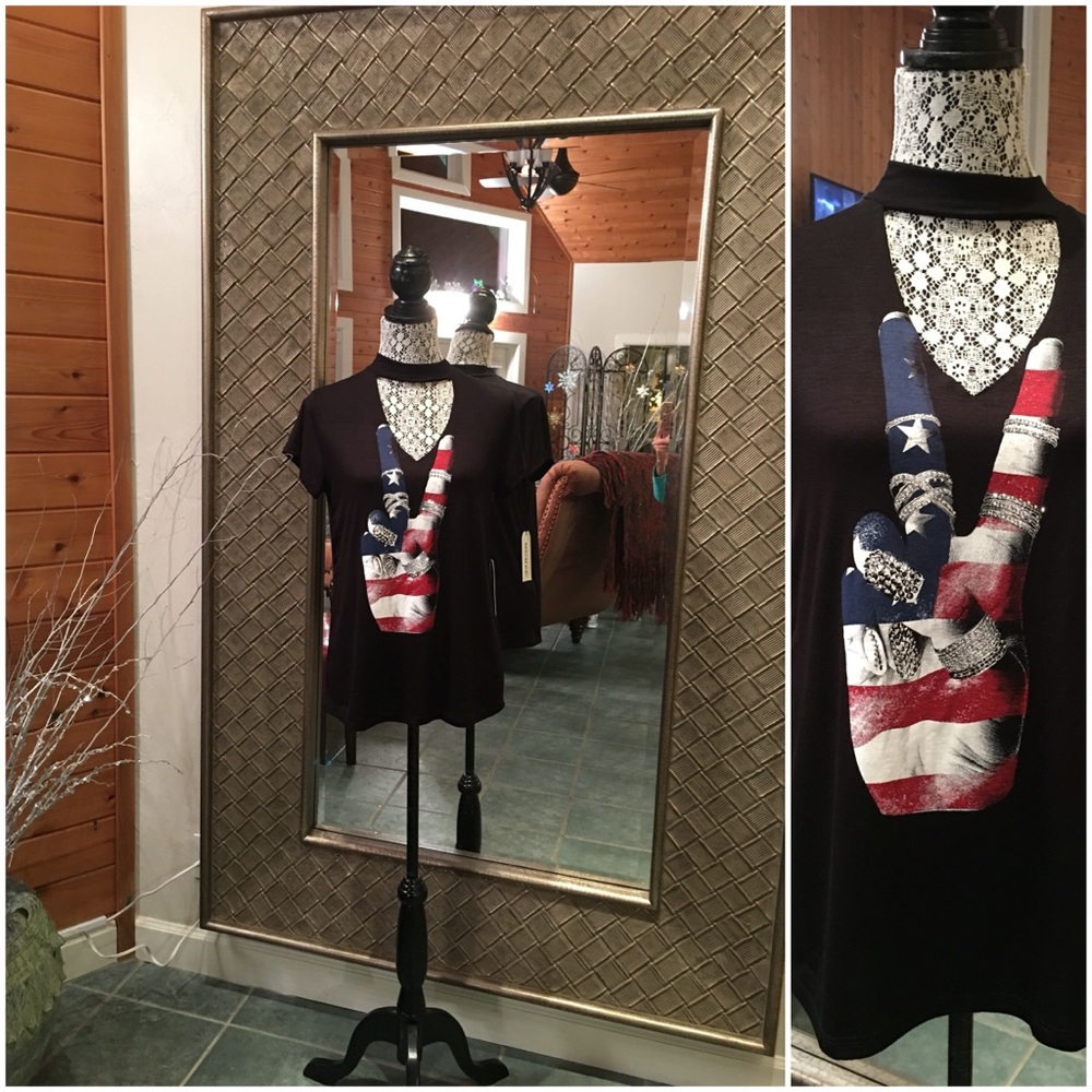 American Flag Peace Sign Silver Stones Black V-Neck Top - Picture 5 of 7